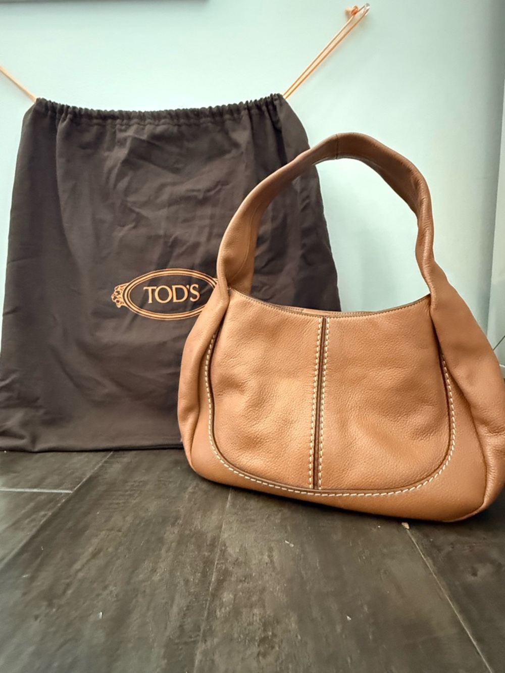 TOD'S Shirt Bag Hobo Grained Italian Leather Cognac Camel Shoulder Bag